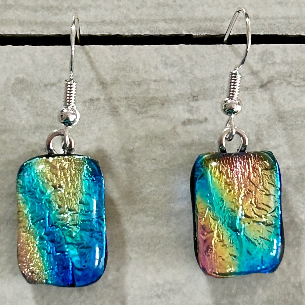 Multi-colored dichroic fused glass dangle earrings